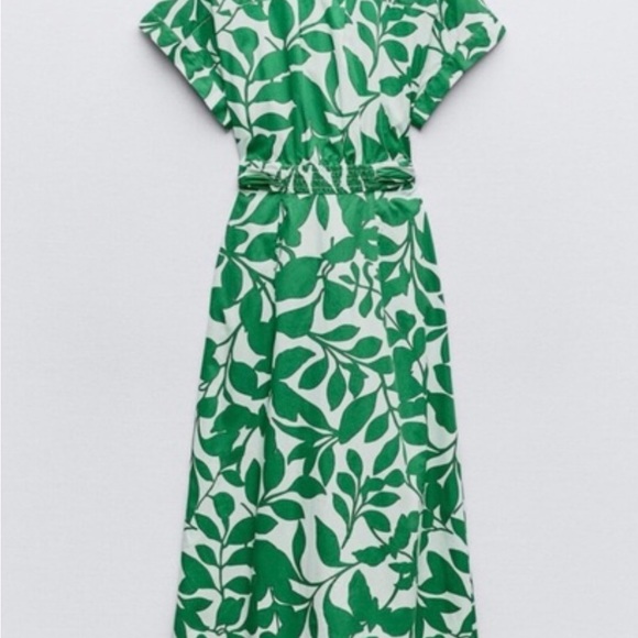 BELTED PRINTED MIDI DRESS GREEN/WHITE . SIZE L - Picture 2 of 13